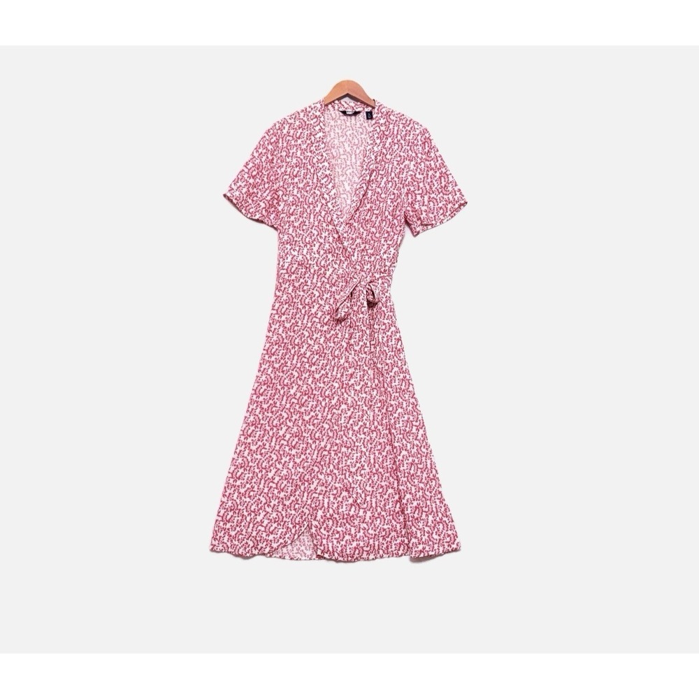 Lands' End Maxi Wrap Dress Large White Red Floral Cottagecore Pockets Short Slv